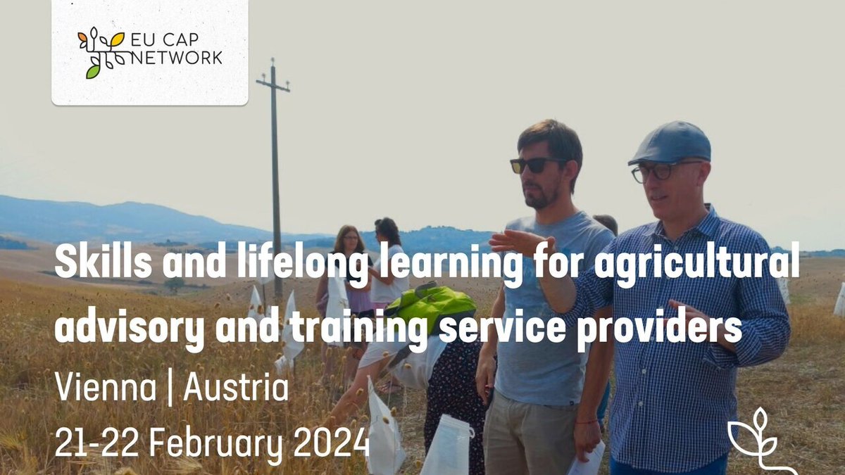 Agricultural #advisors, training providers, vocational education &amp; #training organisations 📢

Join the EU CAP Network seminar on #skills and lifelong learning!

📅 Apply before 26 November: bit.ly/3MHVTGZ

#AKIS #NewCAP