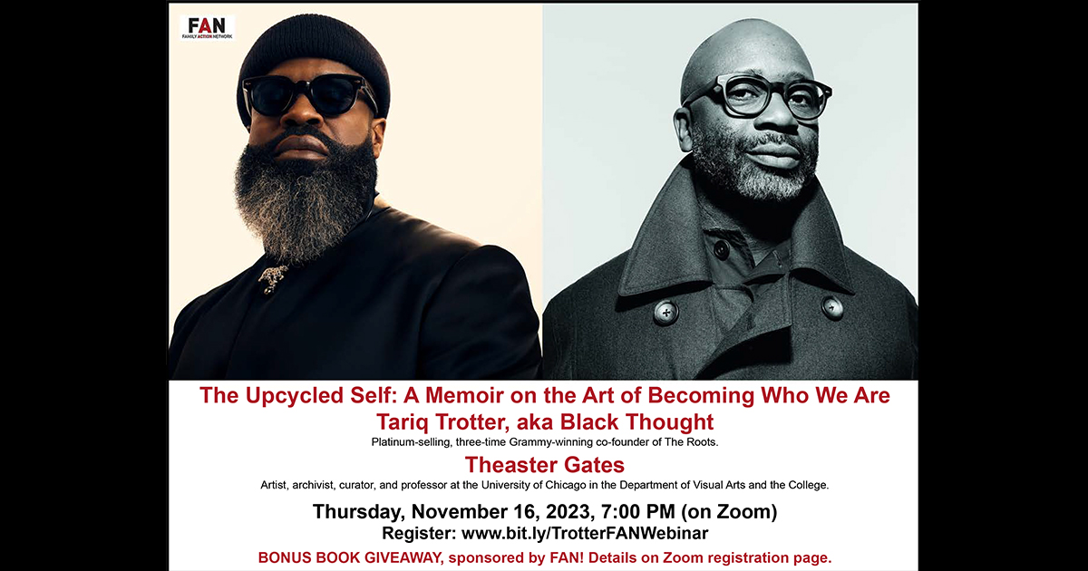 Get ready to be inspired! Join ISAC & the @FamilyActionNet on Zoom Nov. 16 from 7 – 8 pm for an event you don’t want to miss, “The Upcycled Self: A Memoir on the Art of Becoming Who We Are” w/ Tariq Trotter, aka Black Thought & Theaster Gates. Register at bit.ly/479iAwa