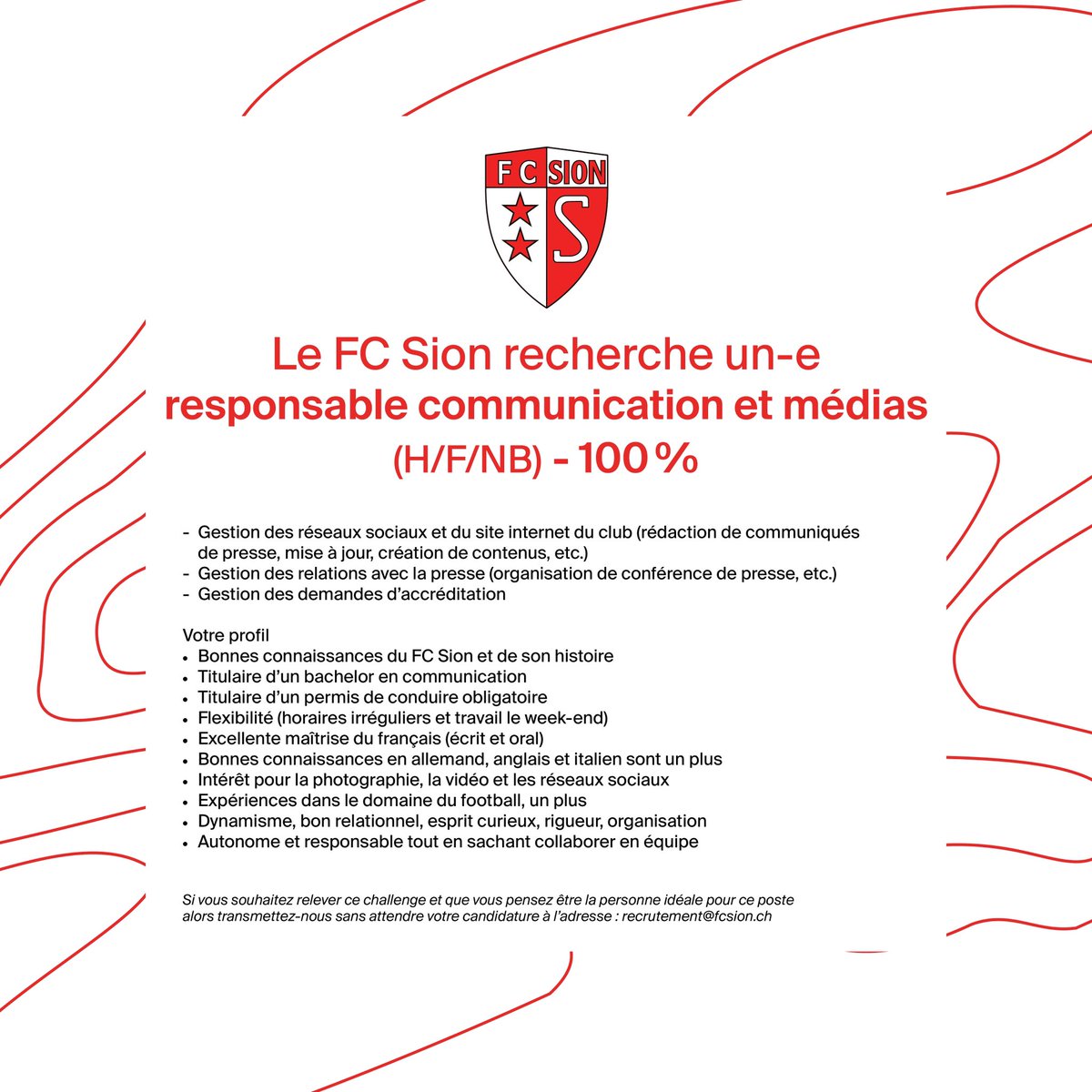 FCSion's tweet photo. 🔍 𝗟𝗲 𝗙𝗖 𝗦𝗶𝗼𝗻 𝗿𝗲𝗰𝗿𝘂𝘁𝗲 !

Le club valaisan est à la recherche d’un-e « Responsable Communication &amp; Médias » ! ⤵️

#AllezSion #TousEnsemble❤️🤍 https://t.co/Kj1L30I1iY