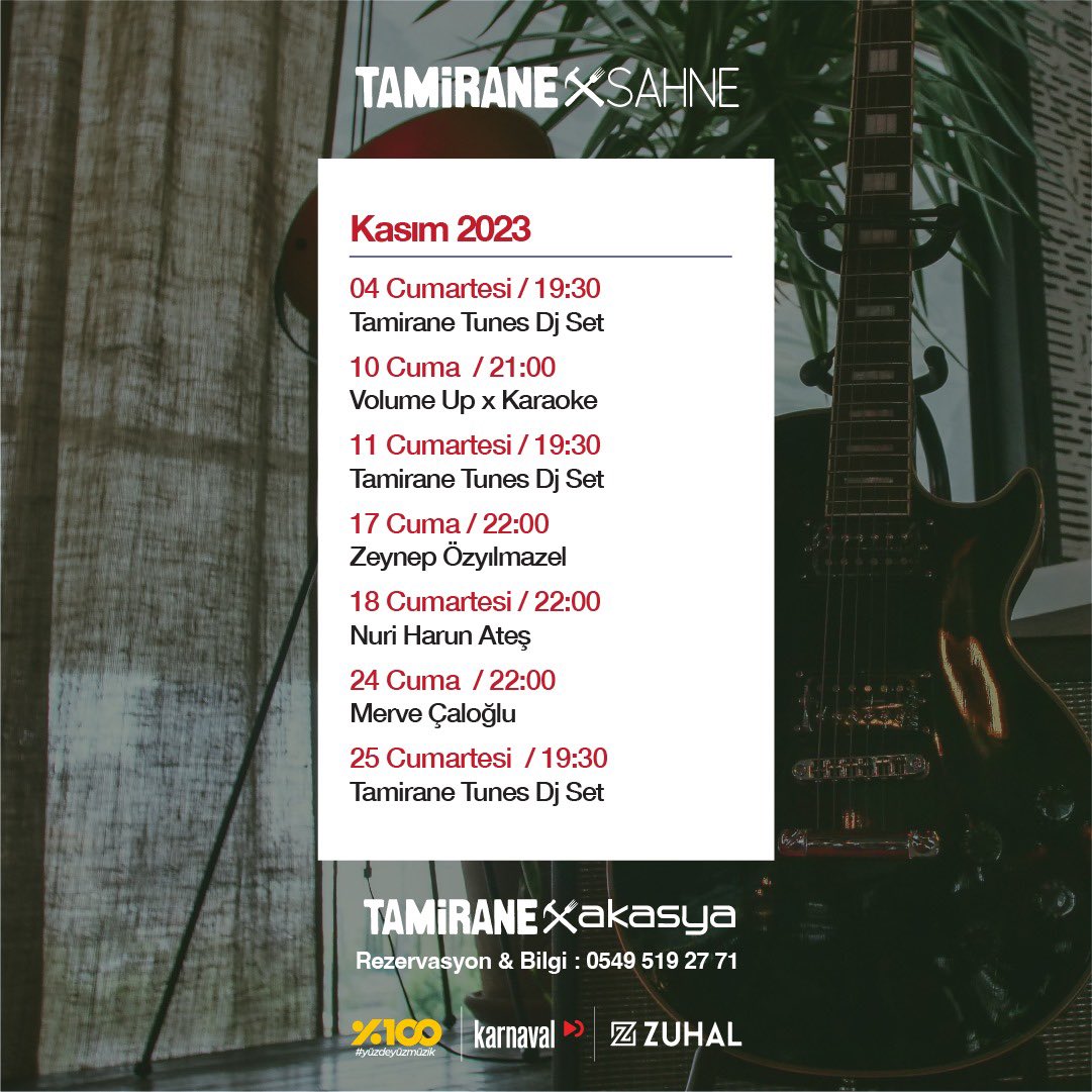 Tamirane Akasya Kasım ayı sahne programı yayında.
Let’s back to stage!
Detaylı bilgi ve iletişim için 👇🏻
☎️ 0549 519 27 71

#tamirane #repairyourself #sahne #konser #post #iyiyemek #iyimüzik #goodfood #goodmusic #kesfet #akasya #akasyaavm #zuhalmüzik #zuhal