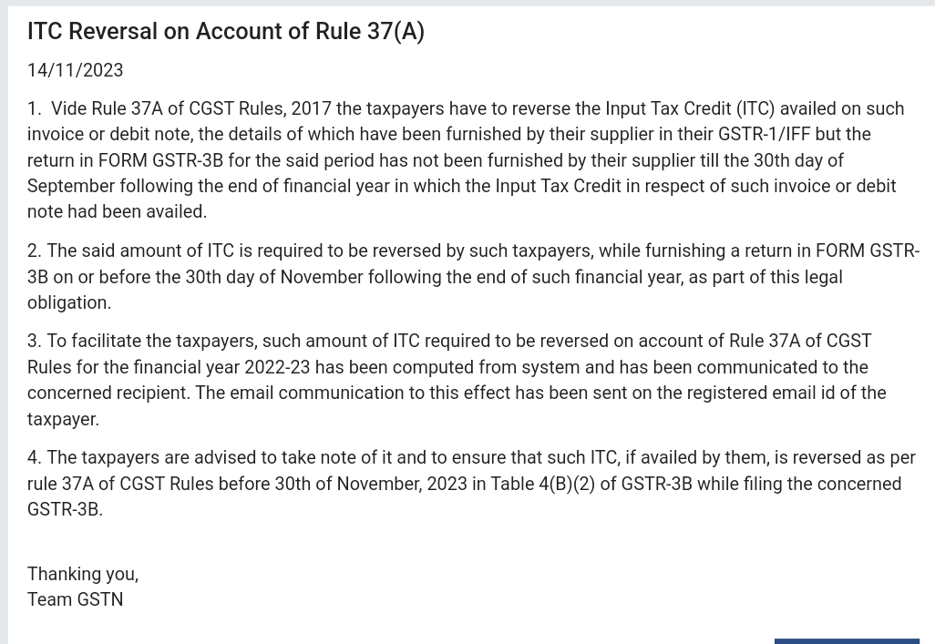 sethi_tweets's tweet photo. ITC #Reversal under #Rule37A: If suppliers miss GSTR-3B by Sept 30 after filing GSTR 1/IFF, reverse availed ITC by Nov 30 via GSTR-3B Table 4(B)(2). System computes amount, details sent via email by GSTN. https://t.co/Vejtimes5U