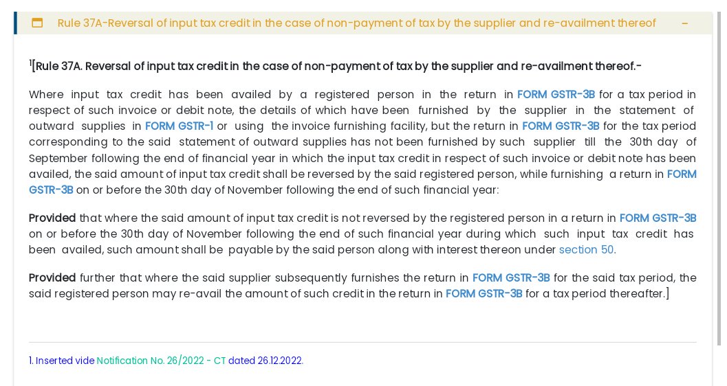 sethi_tweets's tweet photo. ITC #Reversal under #Rule37A: If suppliers miss GSTR-3B by Sept 30 after filing GSTR 1/IFF, reverse availed ITC by Nov 30 via GSTR-3B Table 4(B)(2). System computes amount, details sent via email by GSTN. https://t.co/Vejtimes5U
