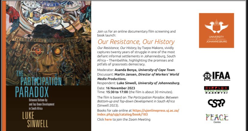 CSRPUJ's tweet photo. Join us for an online documentary film screening &amp; book launch:
Our Resistance, Our History
Our Resistance, Our History, by Tsepo Makoro
Moderator: Asanda Benya
Discussant: Martin Jansen
Respondent: Luke Sinwell
When: 16 November 3:30pm 
https://t.co/6p3jV9xIxy https://t.co/wW8vXqn2oG