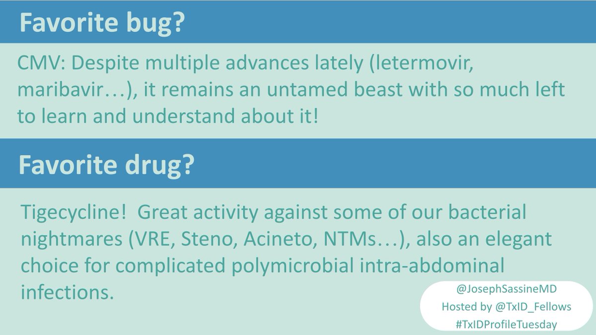 TxID_Fellows's tweet photo. 4/
#TxIDProfileTuesday featuring @JosephSassineMD
Q3: Favorite #TxID bug and drug? https://t.co/kIIOrjxg1t