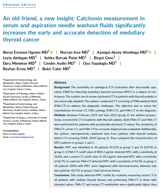 CancerCytopath's tweet image. New and #OpenAccess  | Medullary #thyroid carcinoma can be detected earlier via Calcitonin measurement in serum and aspiration needle washout fluids. 

🔗acsjournals.onlinelibrary.wiley.com/doi/full/10.10…

#FNApath
#CytoPath
#ASCyto23