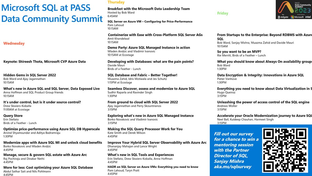 AnalyticAnna's tweet image. Your cheat sheet for Microsoft at @PASSDataSummit #PASSDataSummit aka.ms/sqlpass23