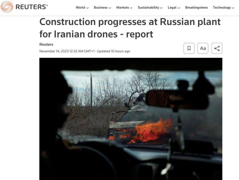 Russia is making progress in building a plant to make Iranian drones - Reuters

A satellite photo taken in mid-September showed that new construction at the Alabuga JSC plant is proceeding according to the plan that the Washington Post shared at the beginning of this year. The