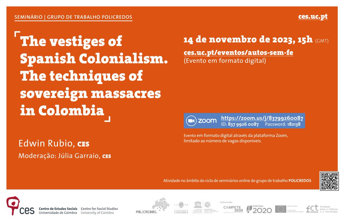 The central idea of this presentation relates to the legacies of  Spanish colonialism and the juridical-biopolitical mechanism of the  Inquisition in the configuration of massacres conducted by Colombian  paramilitaries in the 1990s. zoom.us/j/83799260087 | Senha: 182138
