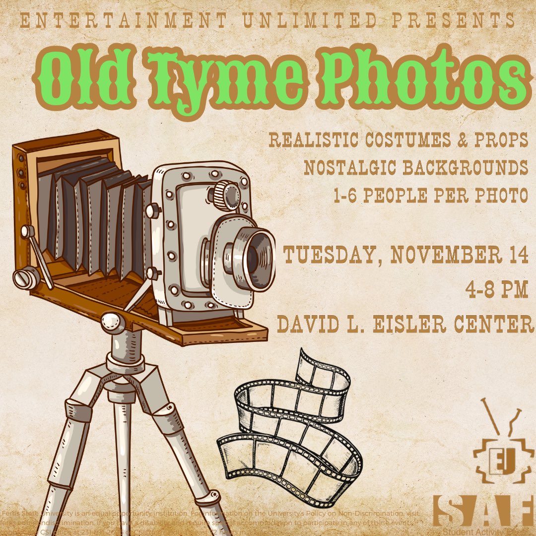 FerrisEU's tweet image. TONIGHT from 4-8pm, stop by the David L. Eisler Center for our Old Tyme Photos event!! Included are a wide variety of realistic costumes and over 30 green screen backgrounds. Up to 6 people per photo! 

#ferrisstate #fsu #college #campus #campusevent #event #makeandtake