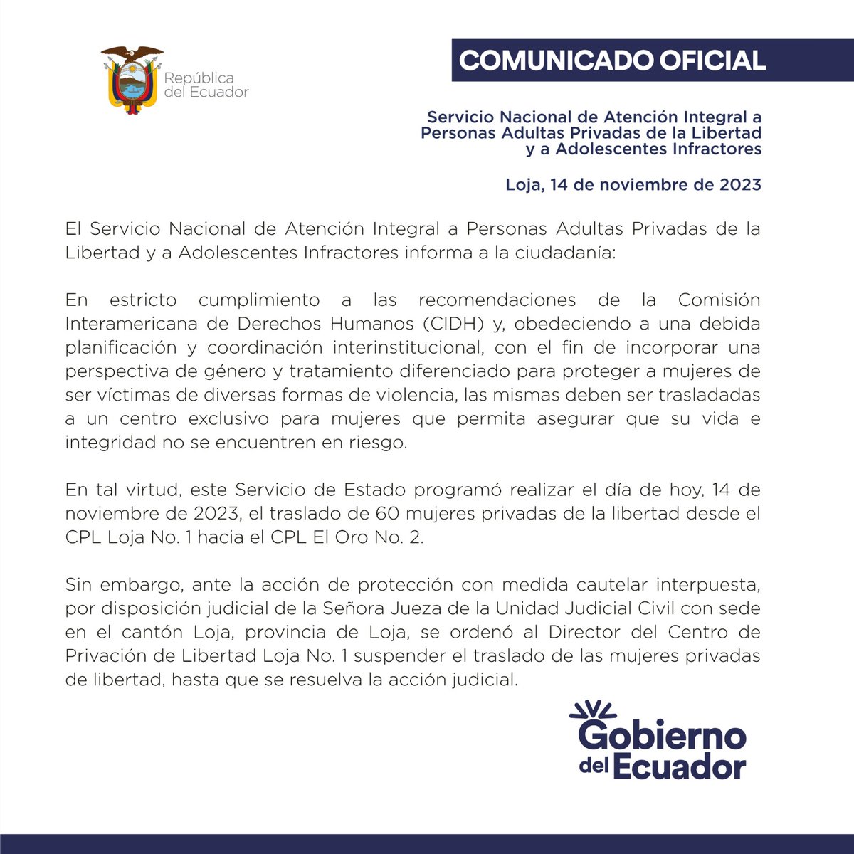 SNAI_Ec's tweet photo. El Servicio Nacional de Atención Integral a Personas Adultas Privadas de la Libertad y a Adolescentes Infractores informa: https://t.co/4FNv7BbxtM