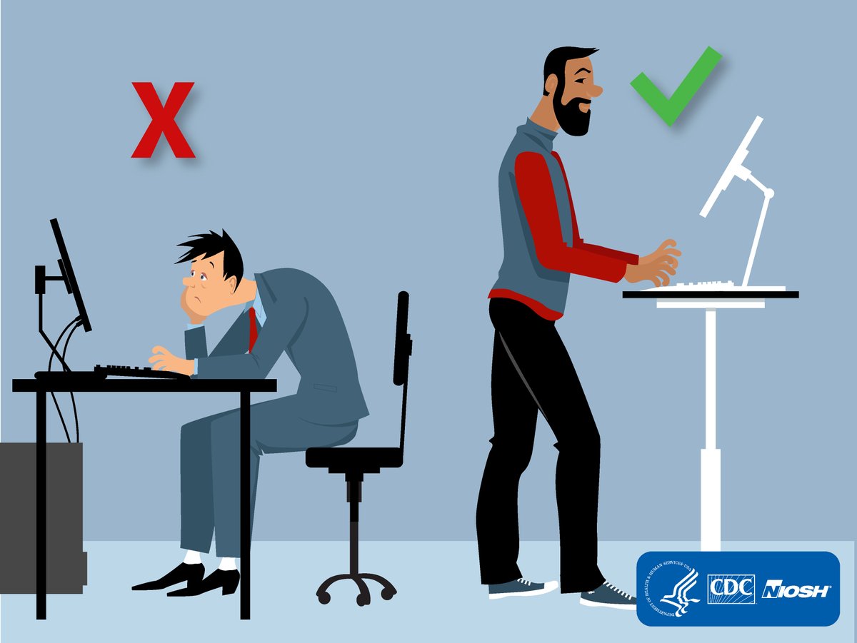 NIOSH's tweet photo. Are you sitting down? Stand up! Prolonged sitting is associated with back and shoulder pain, premature mortality, diabetes, chronic diseases, metabolic
syndrome, and obesity. Learn more about sedentary workplaces: https://t.co/uRzn60XK32 https://t.co/kzIpva0Qox