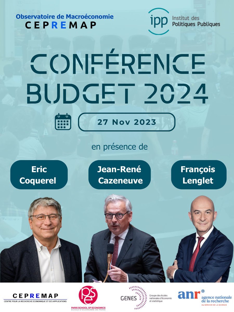 🚨Inscription ouverte pour cette nouvelle édition de la conférence du budget avec l'Observatoire Macro du @CEPREMAP 🗓️27 novembre à 16h30 📌Campus Jourdan ▶️ebaf8297.sibforms.com/serve/MUIFAGl1… 🙏Avec la participation de @jrcazeneuve et @ericcoquerel