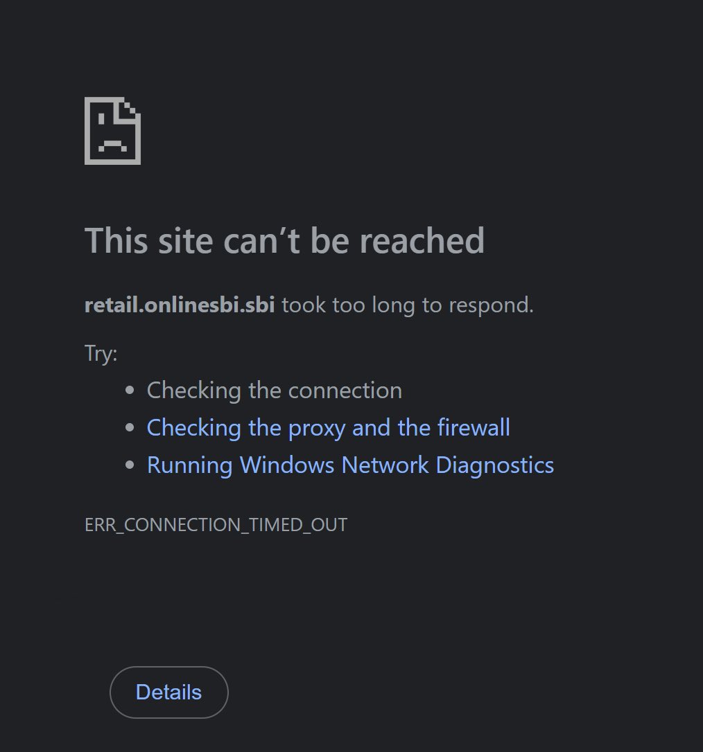 ContactVVR's tweet photo. In yet another example of #DigitalIndiaFail & #SBIfail, here you go.
Website went down when I was doing something important & I cannot login to check if what I did went through or not.
N.B.: There’s no issue with my internet connection or firewall or anything else.
Stuff this. https://t.co/St5cUNecoc