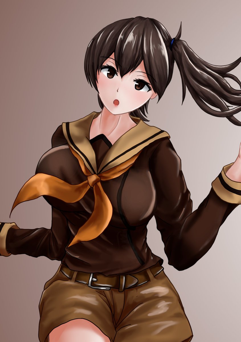 kaga (kancolle) 1girl solo shorts school uniform brown eyes side ponytail serafuku  illustration images