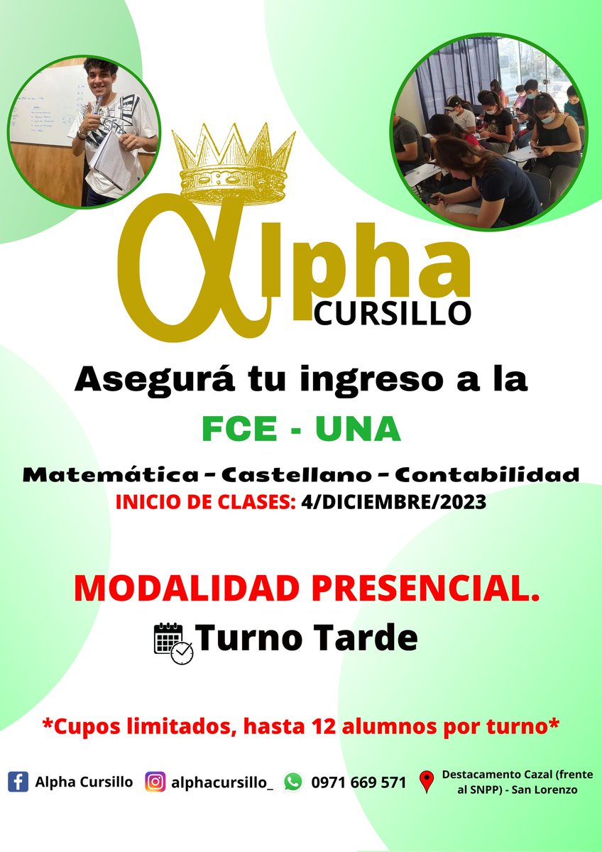 HABILITAMOS EL TURNO TARDE‼️
¿Querés ingresar a las carreras de Economía, Contabilidad o Administración?
Estudia con nosotros 💪🏻 CURSILLO INTENSIVO, exclusivo para la FCE en Alpha Cursillo, de lunes a viernes de 13:00 a 16:00hs.
Más info al WhatsApp 0971 669 571 📞