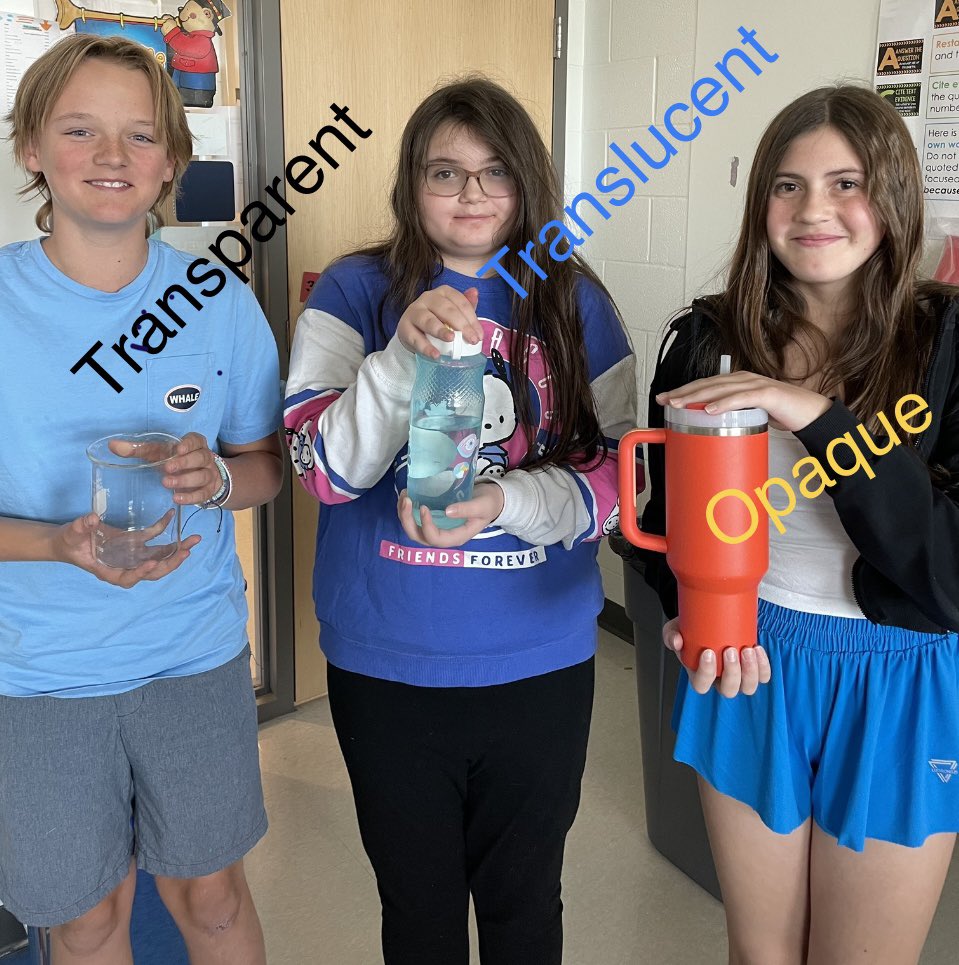 Debbie Schelin (@deblumina) on Twitter photo Real World Science👨🏽🔬👩🏻🔬
Which container is opaque, transparent, translucent? Swipe to see answers…
<a href="/HerbertAkinsMS/">Herbert Akins Road Middle School</a> Real World Science👨🏽🔬👩🏻🔬
Which container is opaque, transparent, translucent? Swipe to see answers…
<a href="/HerbertAkinsMS/">Herbert Akins Road Middle School</a>