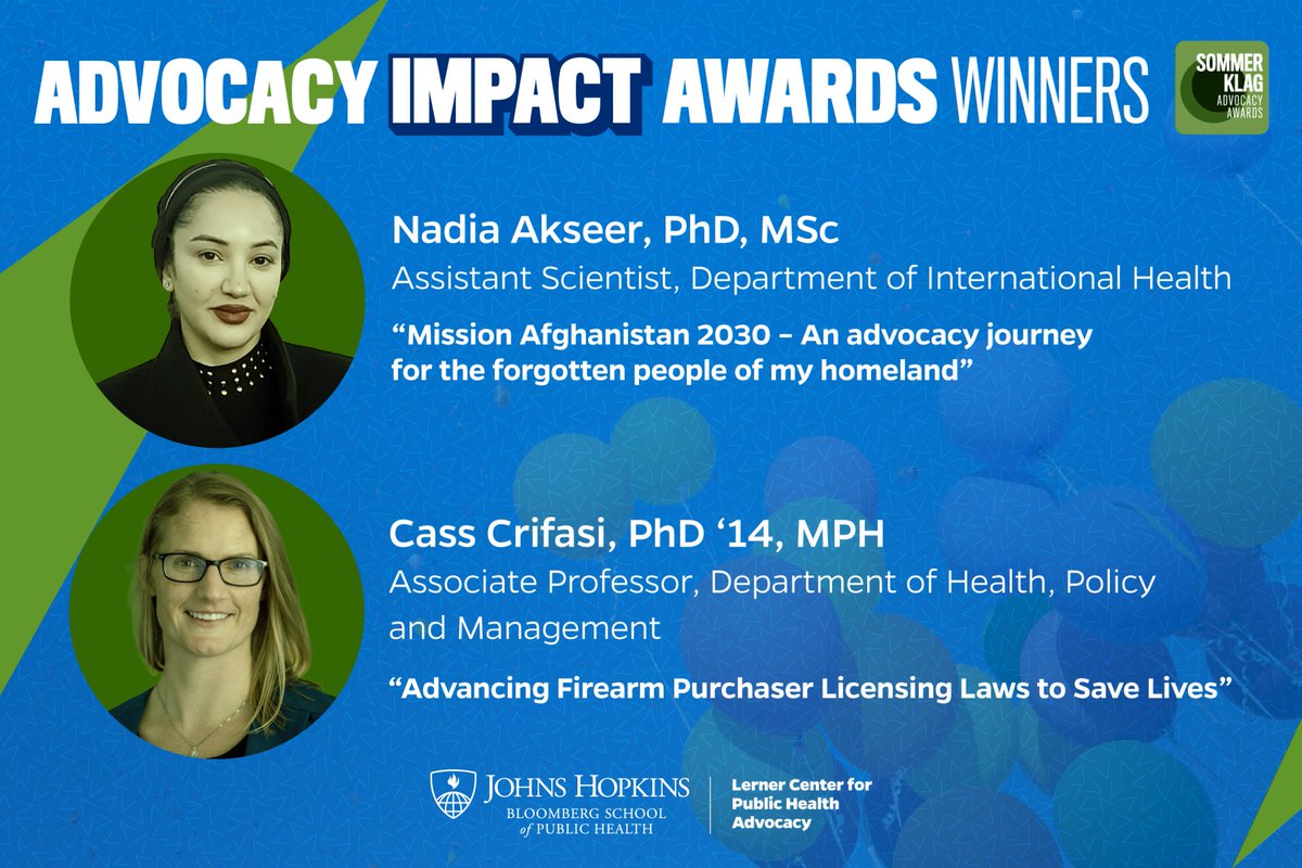 JHU_CGVS's tweet photo. 🎉 Congrats to the winners of @JHadvocacy's Inaugural Sommer Klag Advocacy Impact Award, @AkseerNadia and our very own co-director @DrCrifasi!

The program underscores @JohnsHopkinsSPH's long tradition of advocating for public health.

Read: https://t.co/6AzESNTVTj https://t.co/GkWOh8fnqN