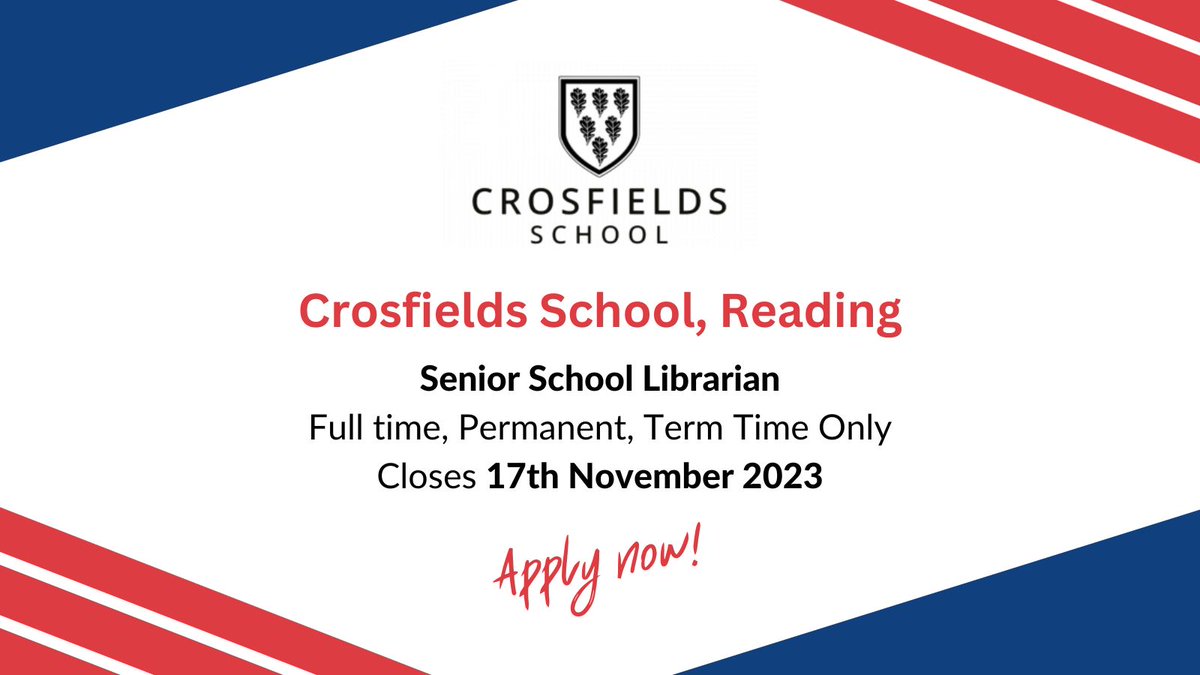 📣 New #JobVacancy! @WeAreCrosfields are seeking a #Librarian who can lead, support and promote reading, literacy and research skills for their Senior pupils. Could this be you? Hurry, closes Friday! 👉🏼buff.ly/3CEkDcM #libraryjobs #ukjobs #jobsearch