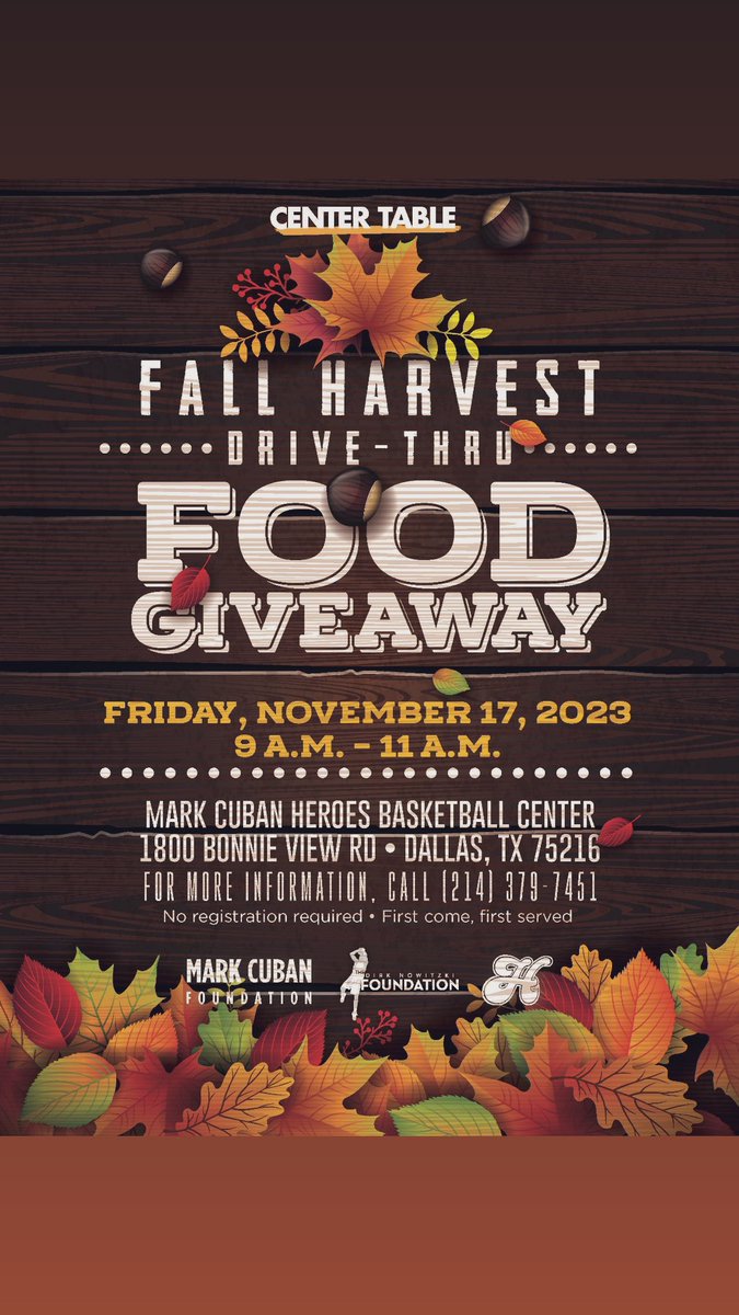 Greetings Southern Dallas County Residents! 

If you reside in Cedar Crest, Oak Cliff, South Dallas &amp; Pleasant Grove, please join us for our 4th Annual Center Table Fall Harvest food giveaway. No registration required. First come, first served.