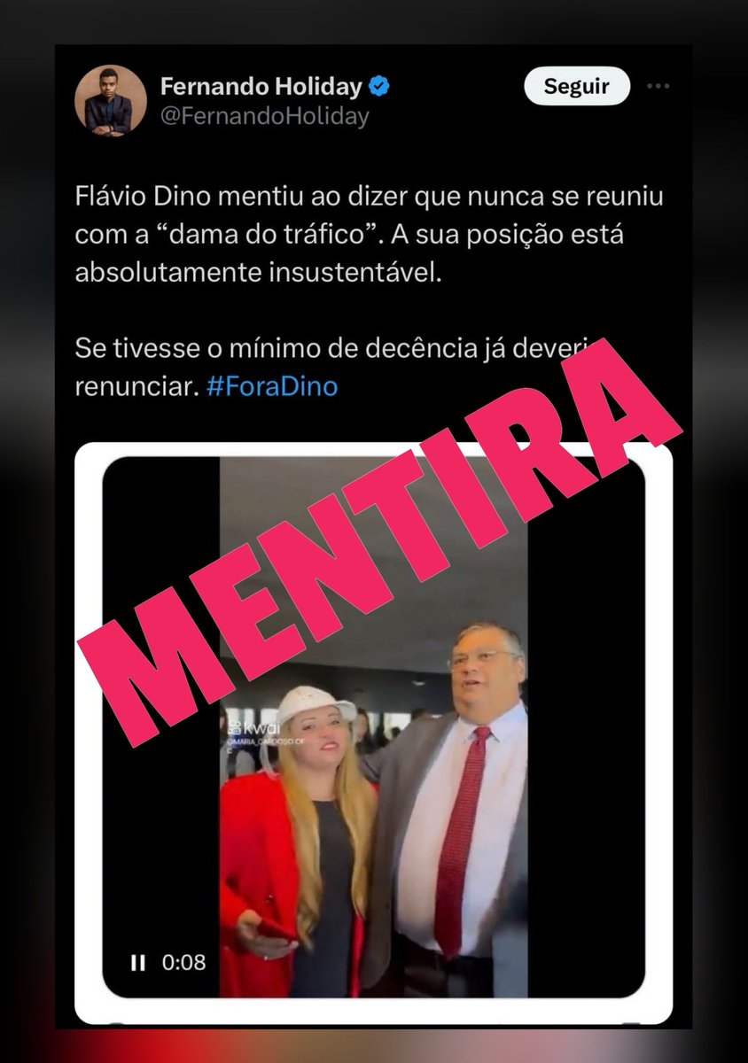 O fanático Fernando Holiday postou uma mentira ABSURDA usando a foto do Flávio Dino com a comediante Vi Álvares para dizer que o ministro estava com a tal 'Dama do Tráfico'. Merece um belo processo do ministro e da comediante.