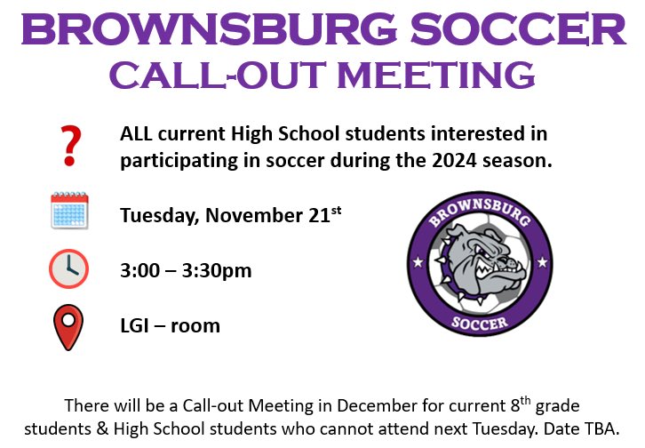 Call-out Meeting next Tuesday for all current High School students interested in playing soccer next season. Details below 👇