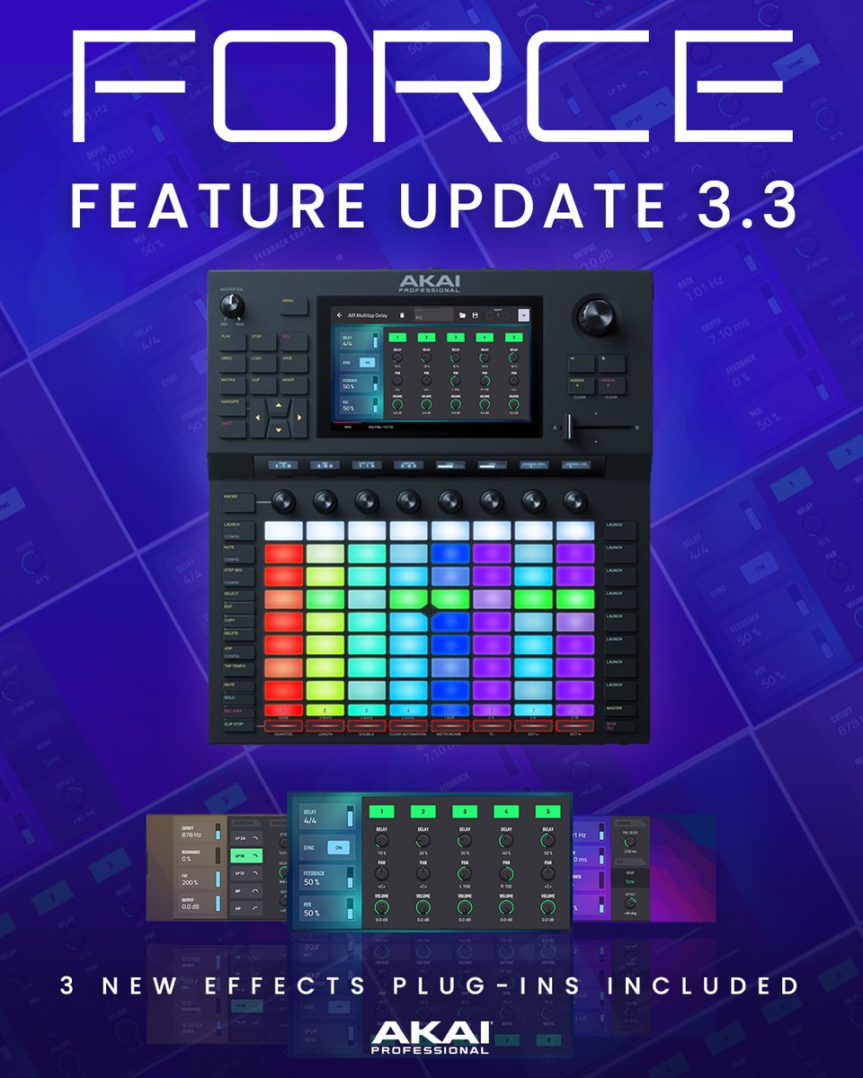 'NOW AVAILABLE' FORCE 3.3 featuring 3 new insert effects plugins adding a creative touch to your songs and performances on FORCE. Hit the link to download the FREE update now akaipro.com/force-firmware…