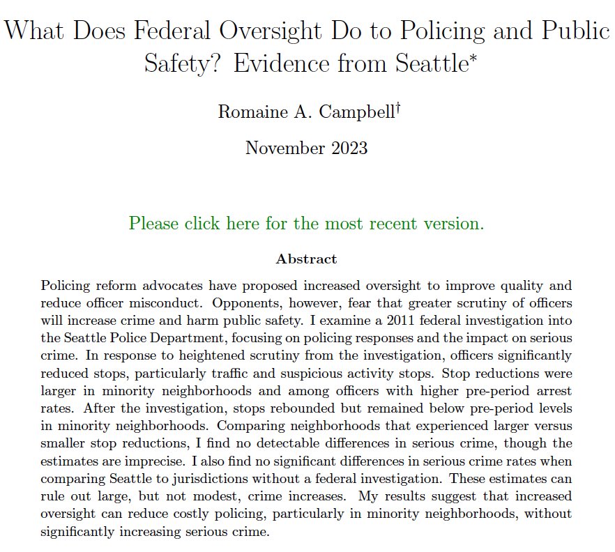 Excited to share my JMP on how federal oversight affects policing and public safety. TL;DR: After the #DOJ investigated the Seattle #police department, patrol activity ⬇️ by 26% without any noticeable impact on public safety. 1/10 #EconTwitter #Crime romainecampbell.github.io/jobmarket/