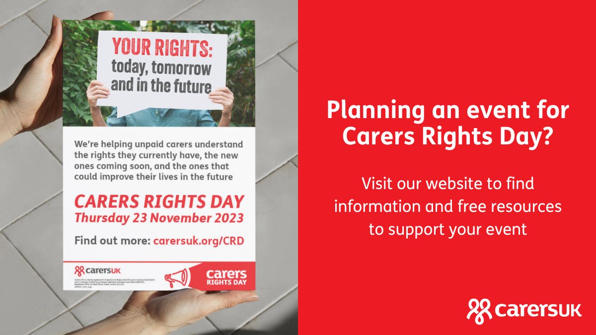 Are you organising a #CarersRightsDay activity at work or in your community? We have lots of information and support for planning your activity including resources you can download. Find our free resources for your event here: carersuk.org/news-and-campa…