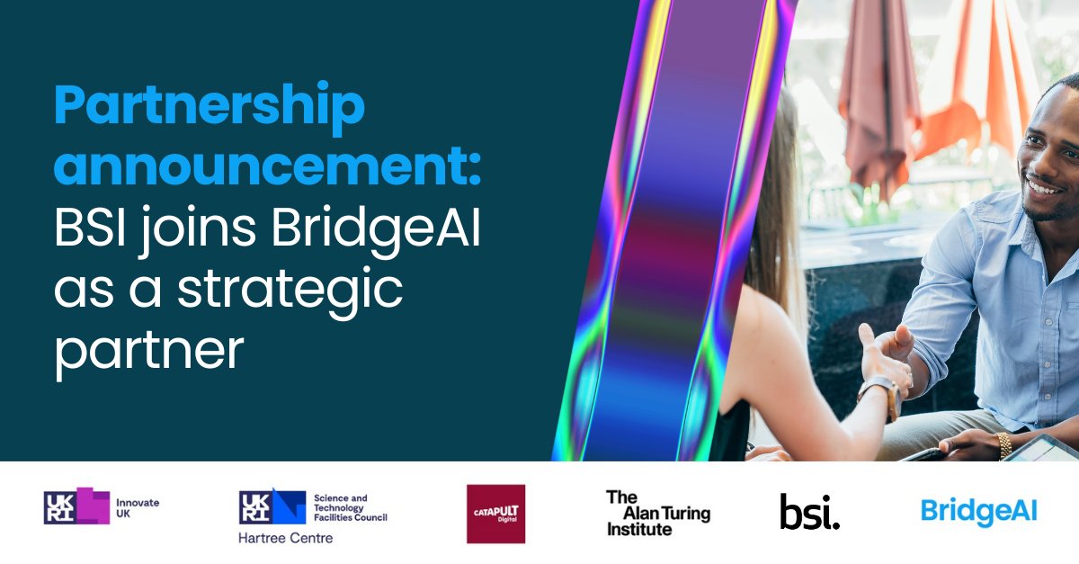 We’re excited to announce we're one of the partners of the @innovateuk #BridgeAI programme, leading on standards support for developers and adopters of AI. Together with @digicatapult @turinginst @hartreecentre, we’re building trust in AI adoption: bit.ly/3MJxKzM #BSIUK