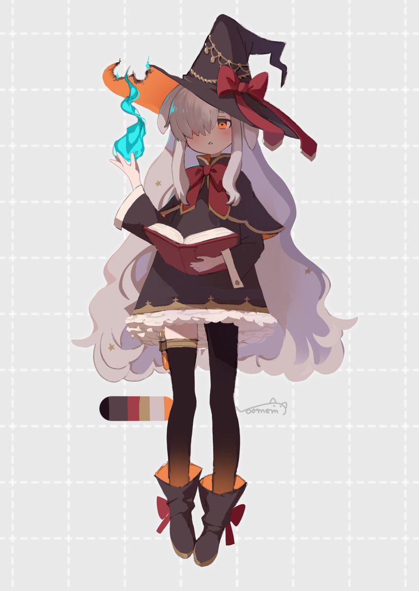 1girl hat book solo witch hat red bow long hair  illustration images