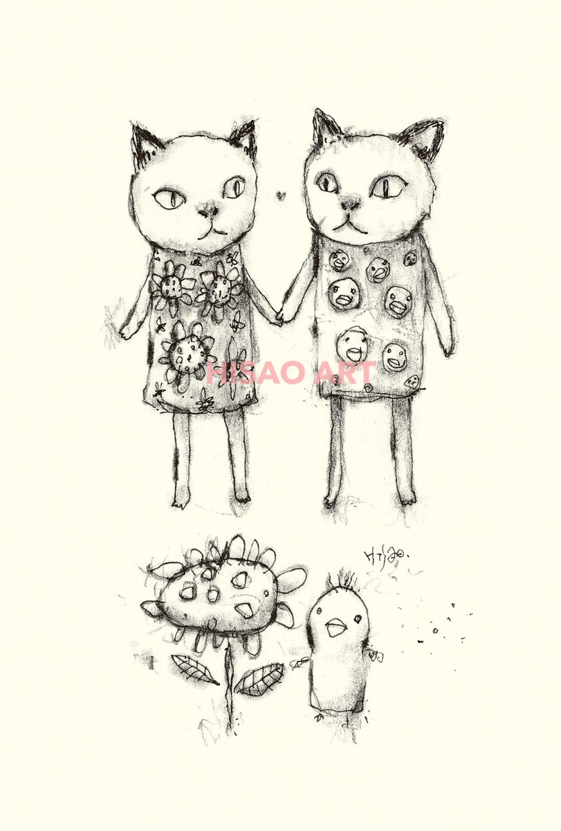 hisaoart's tweet photo. タイトル「ボクは花が、わたしは鳥が、」

#art #drawing #絵 #猫 #酒井ひさお https://t.co/vjsPh4XYCI