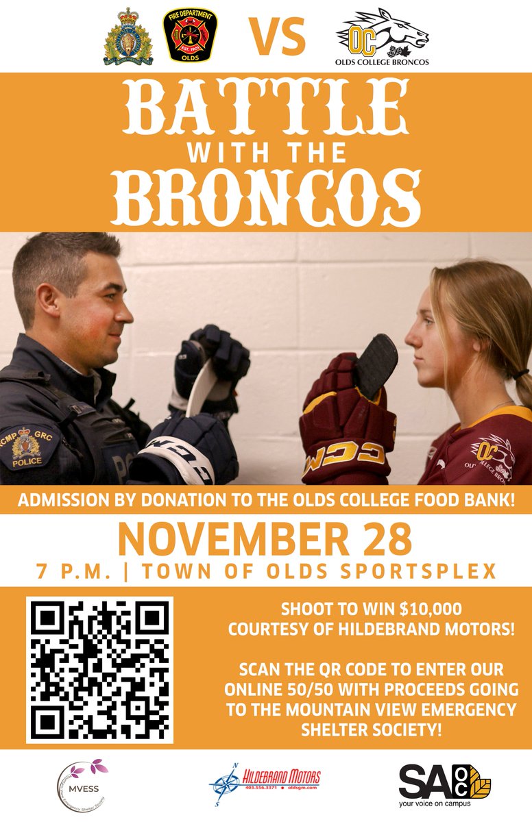 Don't miss the Battle with the Broncos at the Olds Sportsplex on Tuesday, Nov. 28! #OldsSportsplex #TownOfOlds #OldsAB #OldsCollegeBroncos