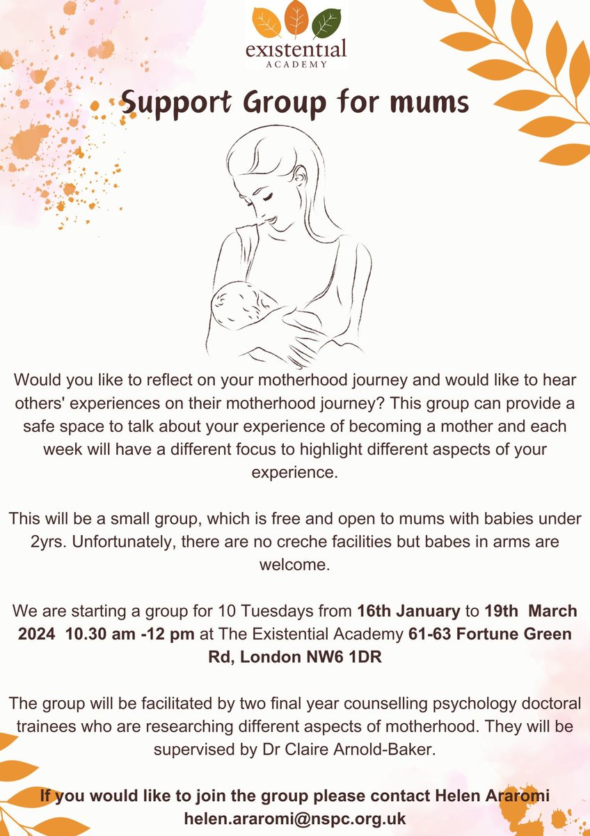 existentialacad's tweet photo. We are pleased to announce a new support group that we will be starting in January at the Existential Academy. The 10 week, in person group, will be for new mums who have babies/children under 2years. The group will take place at the Existential Academy in London. https://t.co/3FhyjZVzry