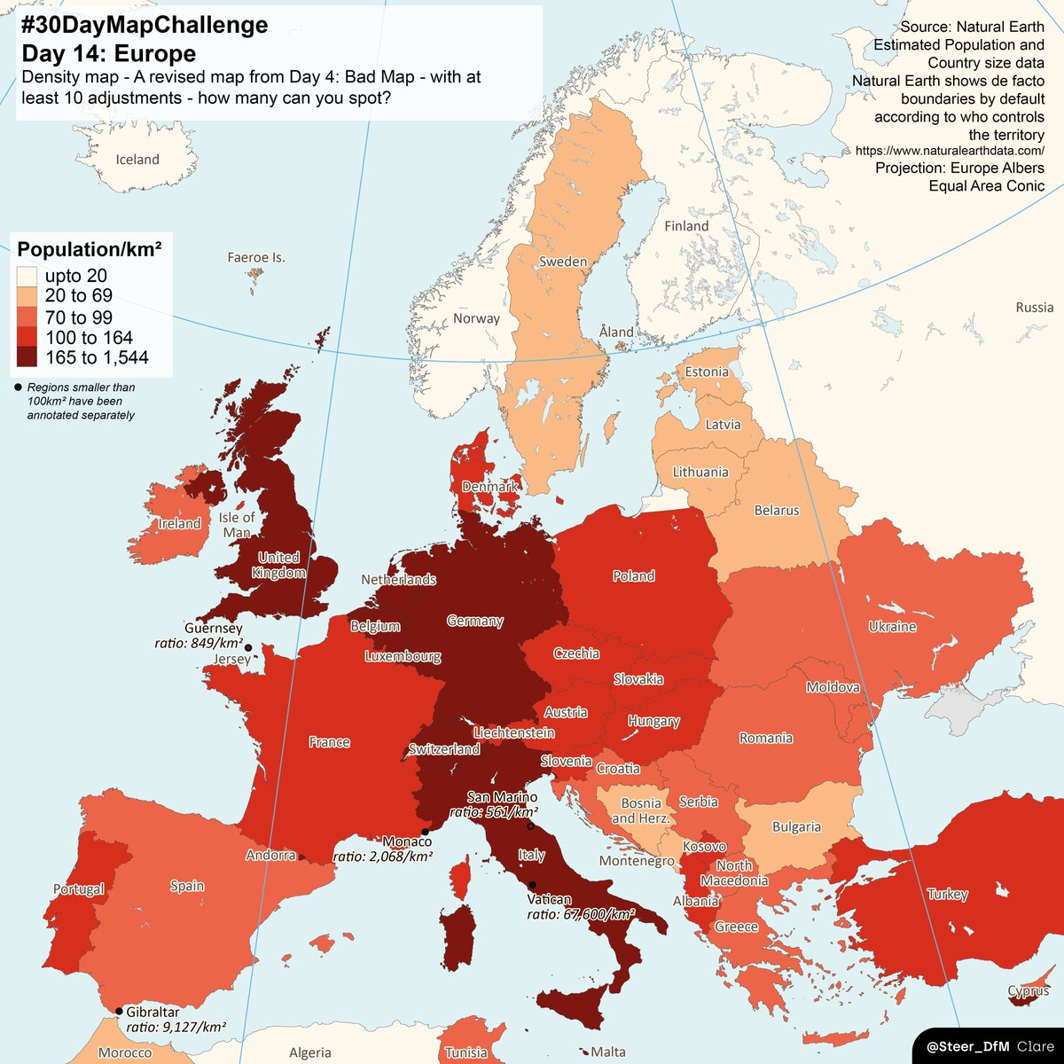 Steer_DfM's tweet image. Day 14: Europe #30DayMapChallenge 
So following our Day 4 bad map - here&apos;s the improved version with at least 10 things changed to make it #bettermapping 

see thread below for list of the improvements
#choropleth #mapping #analysis #ratio #scale #projection #dataclassification