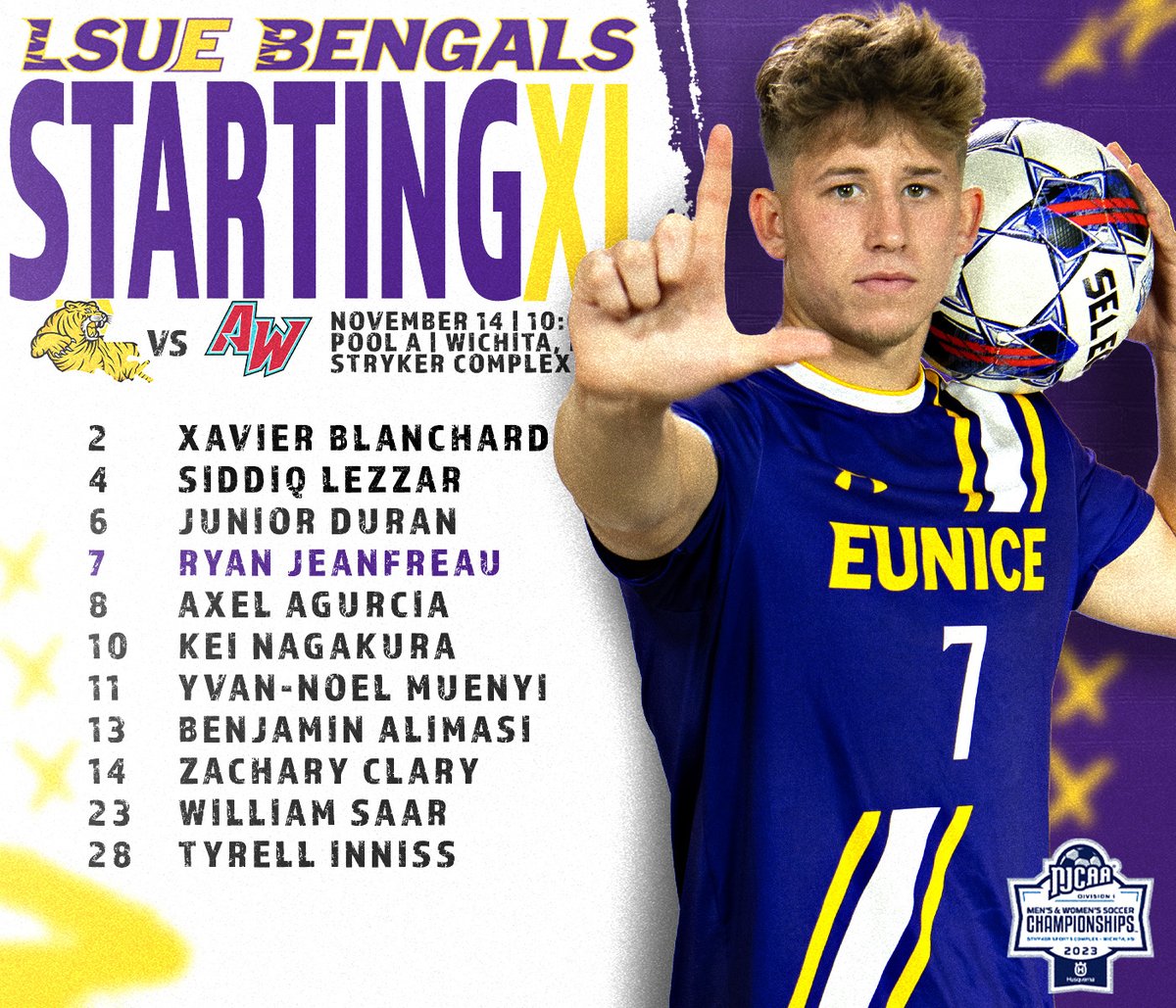LSUEBengalsMSOC's tweet image. It's GEAUX Time! LSU Eunice squares off with Arizona Western is the final game of pool play at the National Tournament.  Here's our Starting XI for the 10:00am first kick, watch on the NJCAA Network.

#GeauxBengals 
#EarnYourStripes 

Stream: njcaa.org/network/landin…