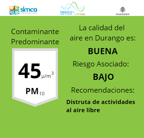 SimcaDgo's tweet photo. 14/11/23 La calidad del aire en DURANGO al momento es buena, con mayor concentración en Estación IPN https://t.co/LILMO4E3O7