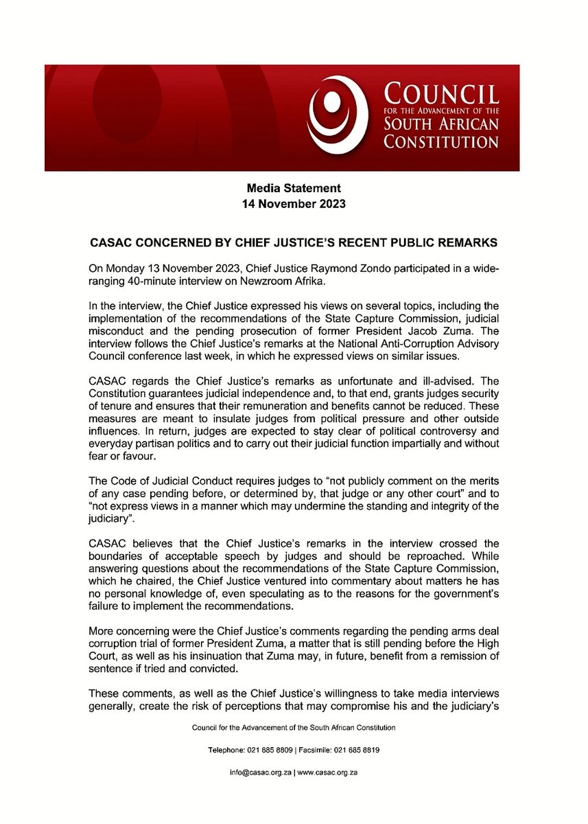 MEDIA STATEMENT:

CASAC CONCERNED BY CHIEF JUSTICE’S RECENT PUBLIC REMARKS:

CASAC regards the Chief Justice's remarks made On Monday 13 November 2023 as unfortunate and ill-advised. 

Read more here: shorturl.at/uwNQ3