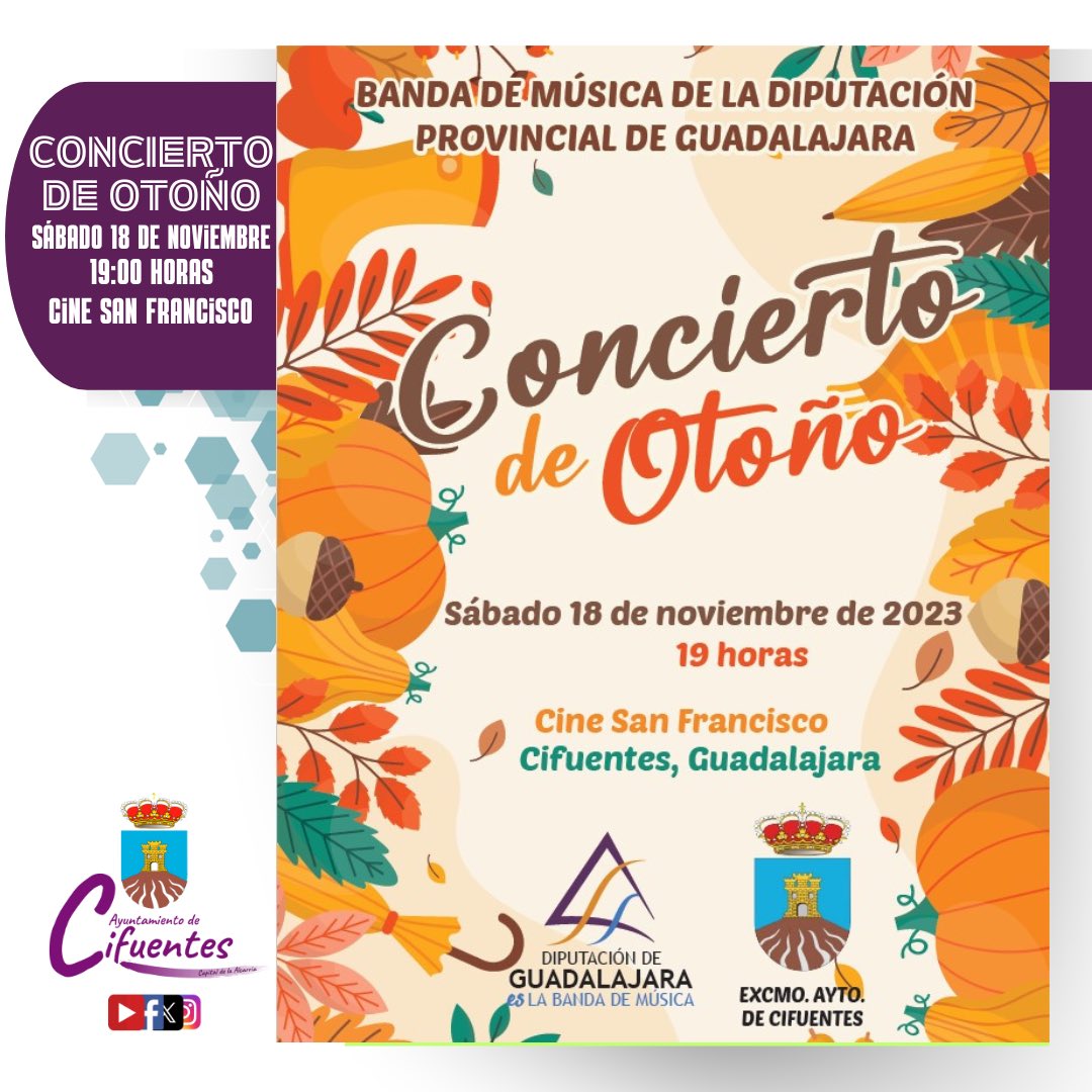 🎶 𝗖𝗨𝗟𝗧𝗨𝗥𝗔 | CONCIERTO DE OTOÑO

Este sábado 18 de noviembre a las 19:00 horas el Cine San Francisco acogerá el concierto de otoño de la Banda de Música Provincial de Guadalajara 

Ven y disfruta de una buena tarde de música en el Cine San Francisco de Cifuentes.