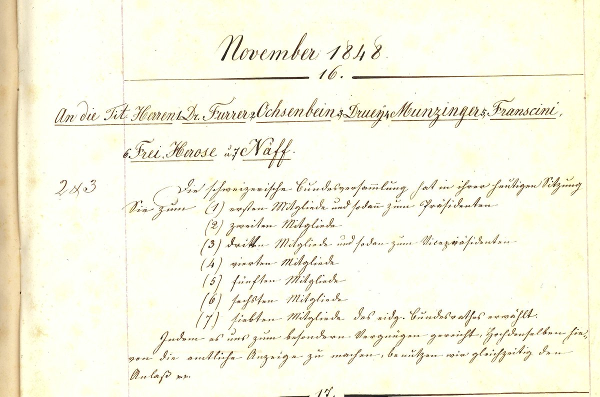 Am 16. November 1848 wählt das Parlament den ersten Bundesrat der Schweiz. Mit «besonderem Vergnügen» teilt es den sieben Herren die Wahl im Protokoll mit. Sie sind alle freisinnig. @Parlch <a href="/FDP_Liberalen/">FDP Schweiz</a> Siehe recherche.bar.admin.ch/recherche/#/de…
