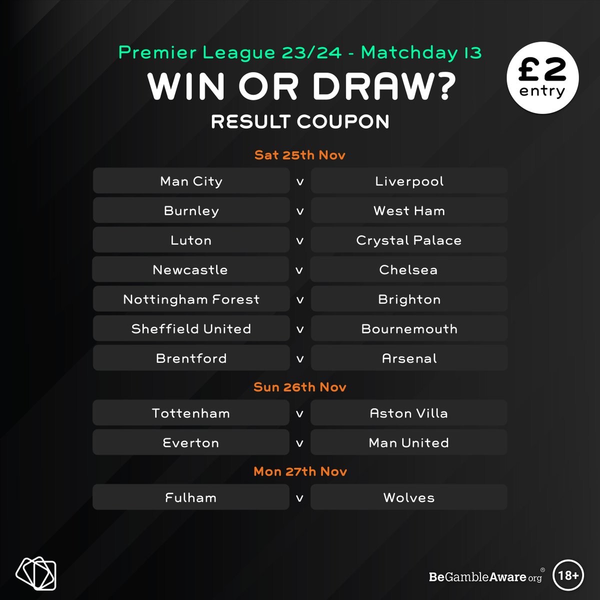 MiPoolsUK's tweet photo. Missing the #PremierLeague ? 😔

We are too, so we have got our next Premier League Coupon up early! ⚽️

Get a head start and make your predictions now. You can edit your predictions right up until kick off Sat 25th Nov @ 12:30 ✍️

Must be 18+. Play now at https://t.co/dZxxZyu3t7 https://t.co/gqJmVfdIiL