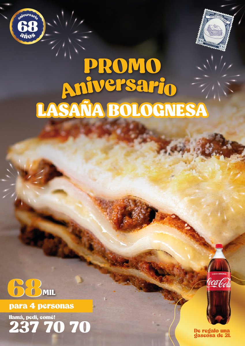 alberdin_py's tweet image. 🥳HOY CELEBRAMOS NUESTRO CUMPLE N° 68🥳
Con esta promo de locura! Lasagna para 4 personas, mismo tamaño de siempreeee y Coca de regalo!
📲Llamanos al 021 2377070 o escribinos al WhatsApp +595212377070 para hacer tu pedido y compartirlo con tus compas de ofi o en casa!