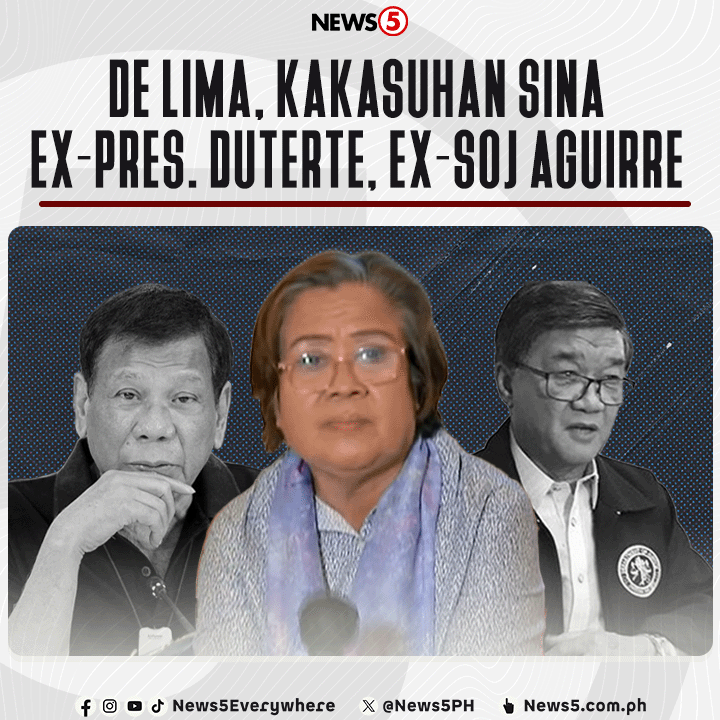 News5PH's tweet photo. A MATTER OF JUSTICE

Sa panayam ni dating senador #LeilaDeLima sa "Sa Totoo Lang" ng One PH, pinag-uusapan ng kanyang legal team ang pagsasampa ng kaso kina dating pangulong #RodrigoDuterte at dating Justice secretary Vitaliano Aguirre. #News5 | via One PH https://t.co/658pP99lge