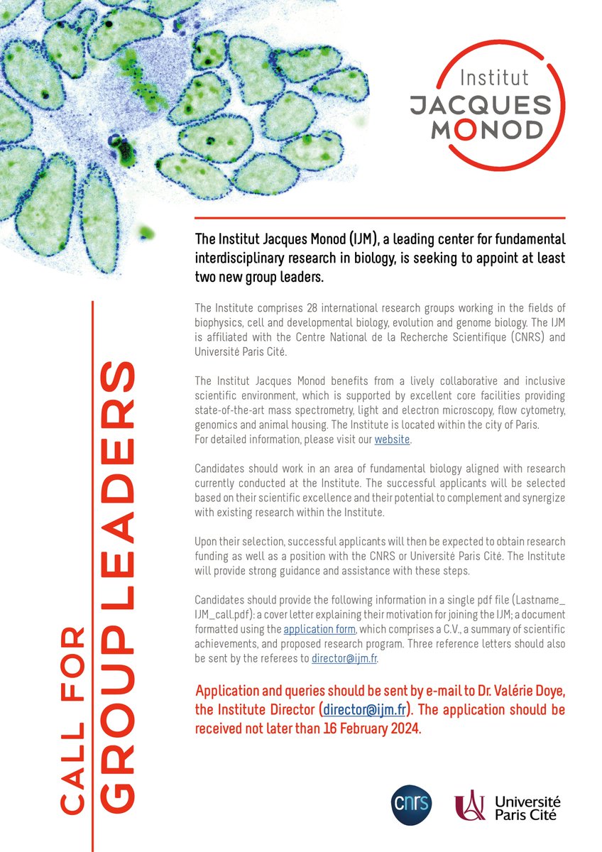 ❗️Call for Group Leaders❗️ The @IJMonod, a leading center for fundamental interdisciplinary research in biology, is seeking to appoint at least two new group leaders. ➡️ijm.fr/?lang=en Apply before February 16th 2024 Application form➡️urlz.fr/ordV