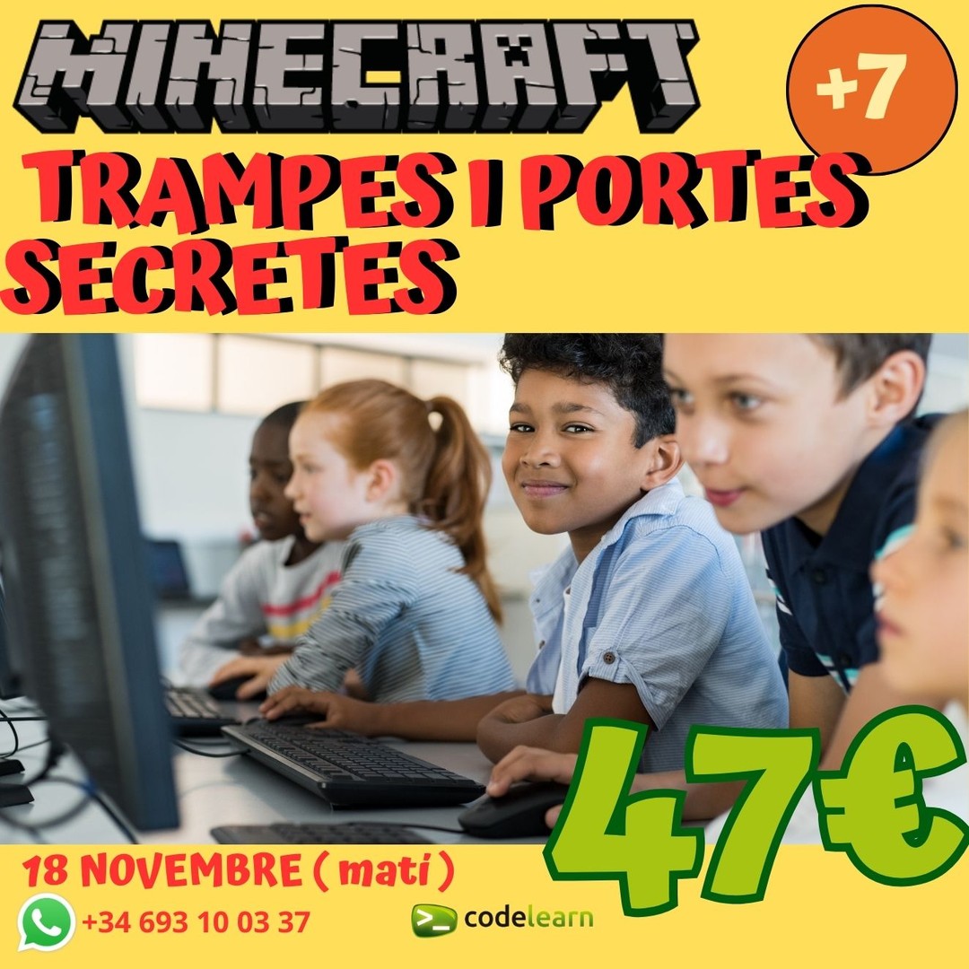 afentrena's tweet image. Eeeep !!! Proper dissabte 18 novembre (matí):
🤖🎮 MINECRAFT: Trampes i Portes Secretes!
🔷 Inscripcions:
bit.ly/FormulariInscr…
📞 +34 693 100 337