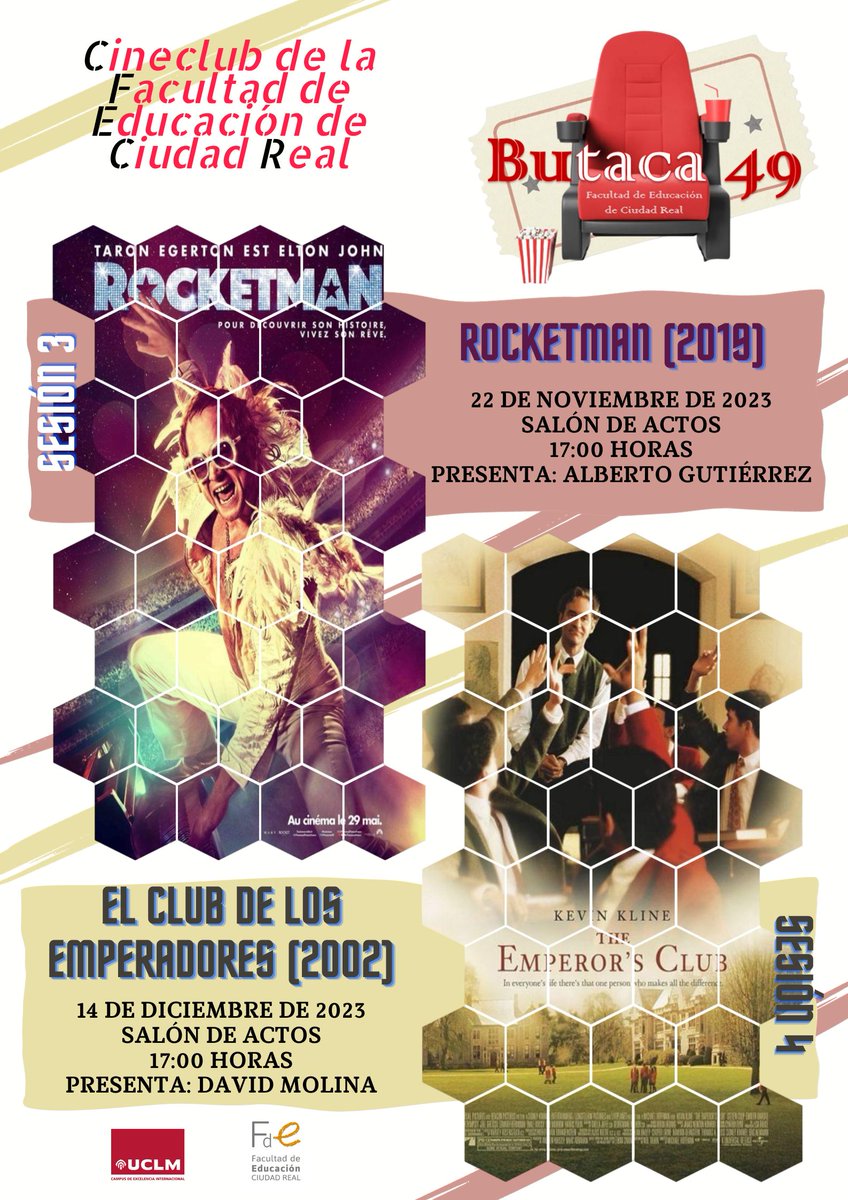 ¡Butaca 49 inicia su andadura! El cineclub de la Facultad de Educación arranca su camino durante este curso 2023-2024. El día 22 de noviembre, a las 17:00 en el Salón de Actos, proyectaremos Rocketman; y el 14 de diciembre, a la misma hora y lugar, de El club de los emperadores.