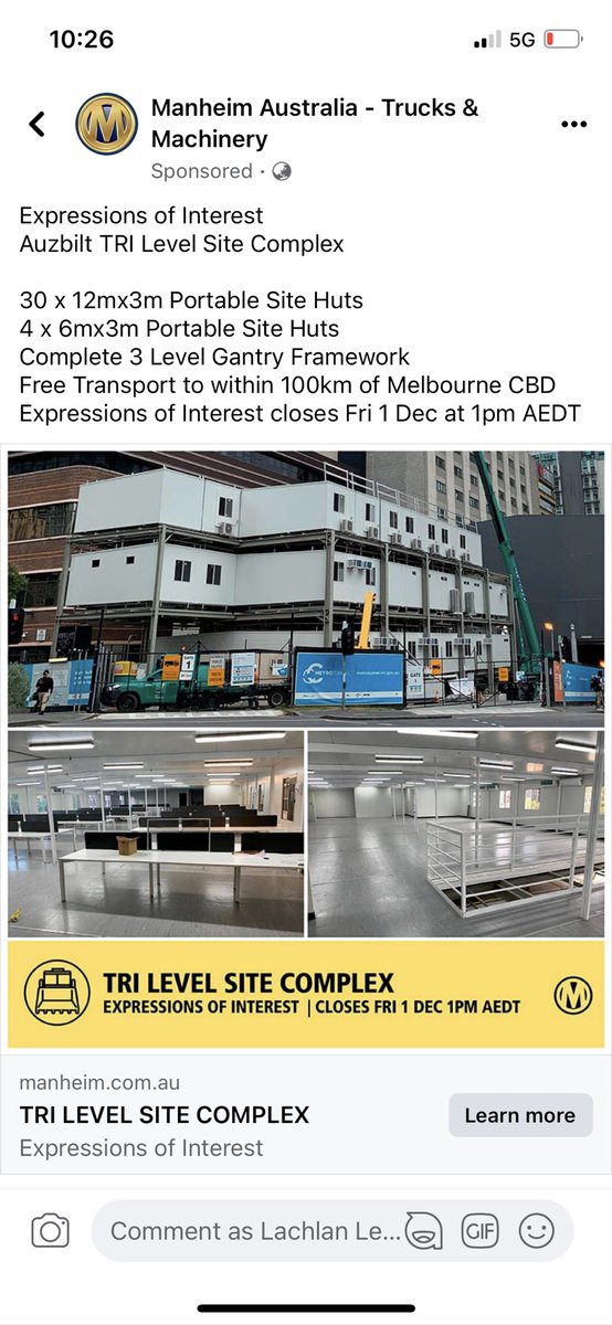 This popped up on my Facebook feed. Metro tunnel site office for sale… state library station worksite starting to come down?   ‘Transport date 15 January 2024’ #metrotunnel