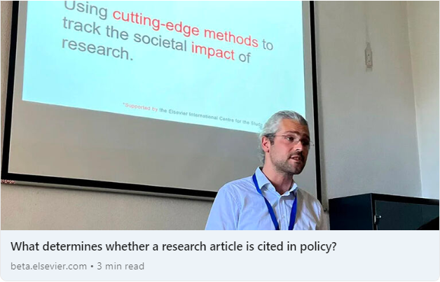 🤔 Curious about what determines whether a research article is cited in policy? Researcher Basil Mahfouz hopes the answer will help him design a powerful tool for policymakers. 👇 lnkd.in/e-QtbVWh #Research #Policy #Innovation #elsevier