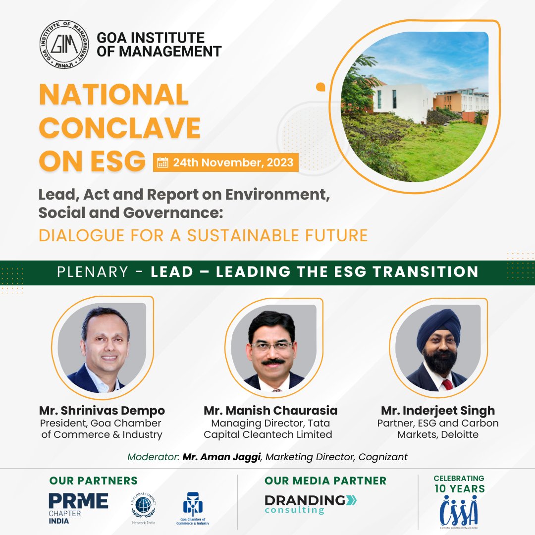 cssagim's tweet photo. We are thrilled to announce the lineup of distinguished speakers for the upcoming National Conclave on #ESG at  @GIM_Sanquelim  on 24th Nov 2023.
Join us as we delve into critical discussions on Environment, Social, &amp; Governance with industry leaders and experts.
@parulekar_ajit https://t.co/s91J153vA3