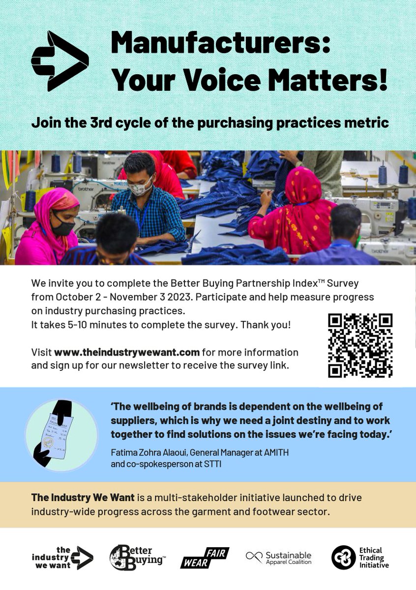 IndustryWeWant's tweet image. 🛒🤝 Transforming purchasing practices in fashion: Join us in the Better Buying Partnership IndexTM survey. 📋Remember that you can submit the survey as MANY TIMES as the number of brand partners you want to rate!
🔗survey.alchemer.com/s3/7511713/Bet…
#Fashion #PurchasingPractices #Feedback