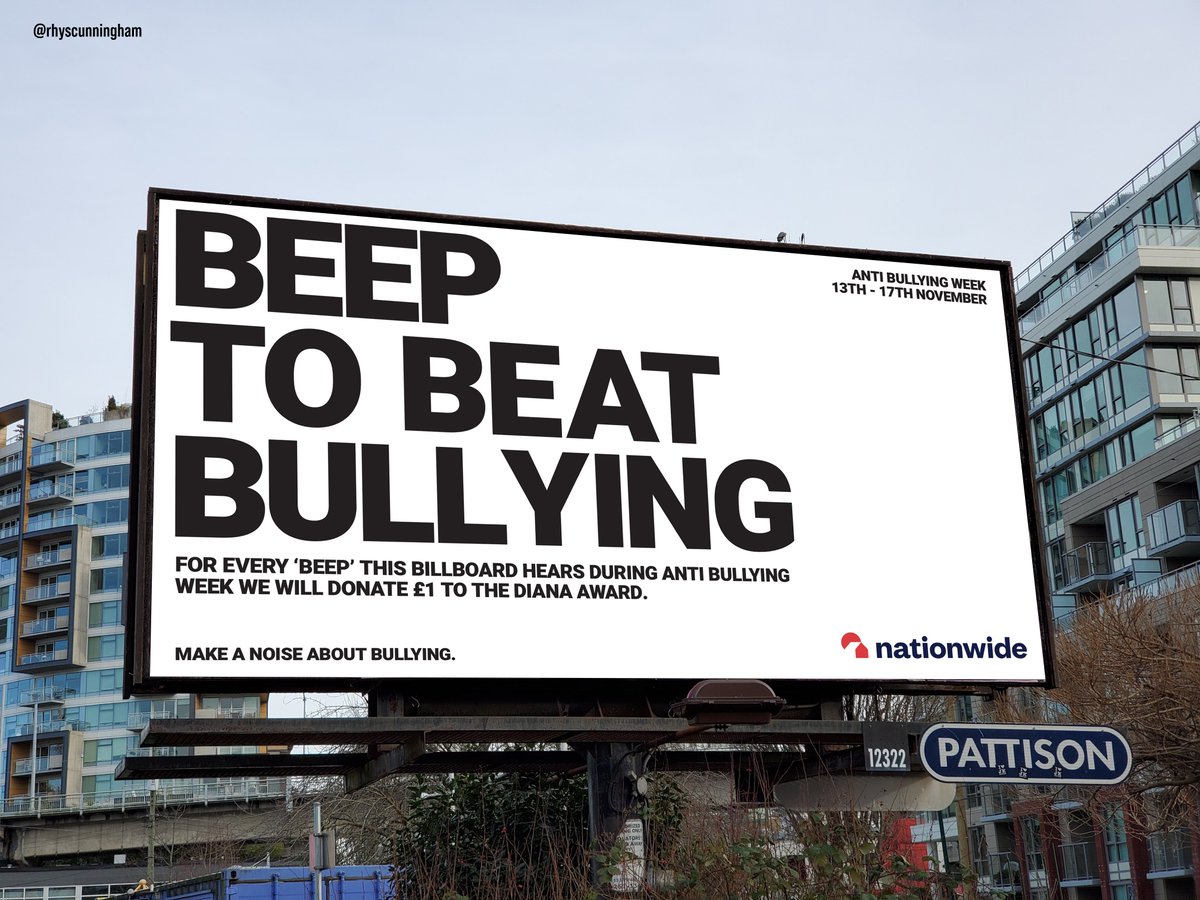 rhyscunningham's tweet image. "BEEP TO BEAT BULLYING"
Create billboard-style posters for the
@DianaAward to ‘Make a noise about bullying’ for #AntiBullyingWeek, 13-17 Nov.
@AntiBullyingPro
@OneMinuteBriefs 
#AntiBullyingWeek
@AskNationwide (Diana Award partner)

NB: Billboard fitted with listening device.